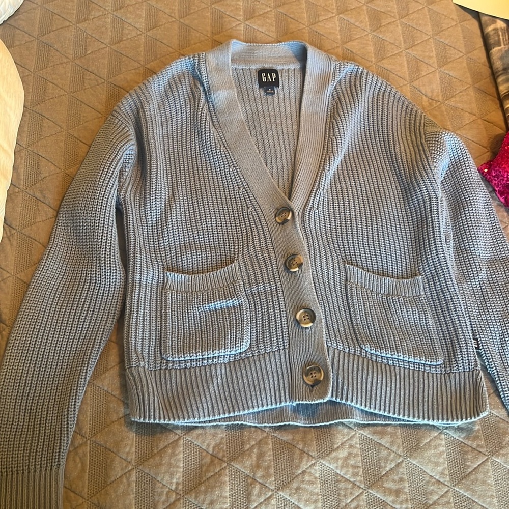 blue cardigan